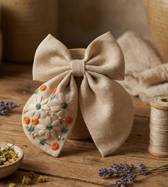Дитячий бант для волосся вишивка польові квіти, льон