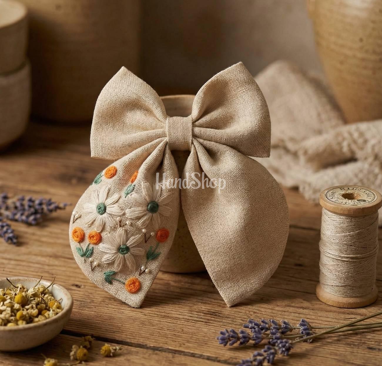 Дитячий бант для волосся вишивка польові квіти, льон Дитячий бант для волосся вишивка польові квіти, льон