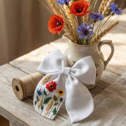 Дитячий красивий бантик для волосся квіти ручна вишивка