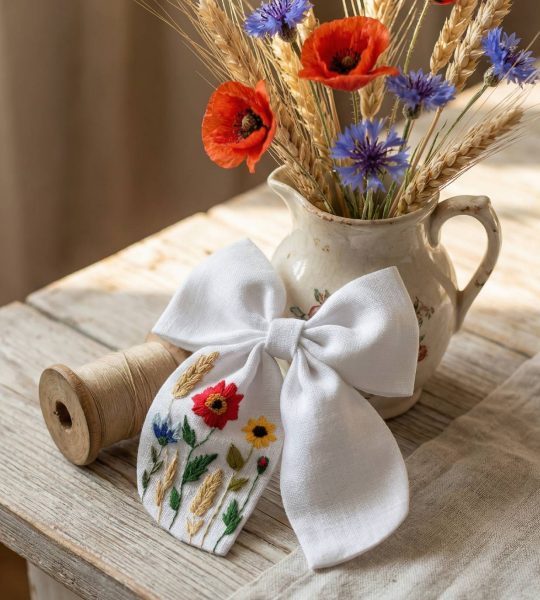 Дитячий красивий бантик для волосся квіти ручна вишивка