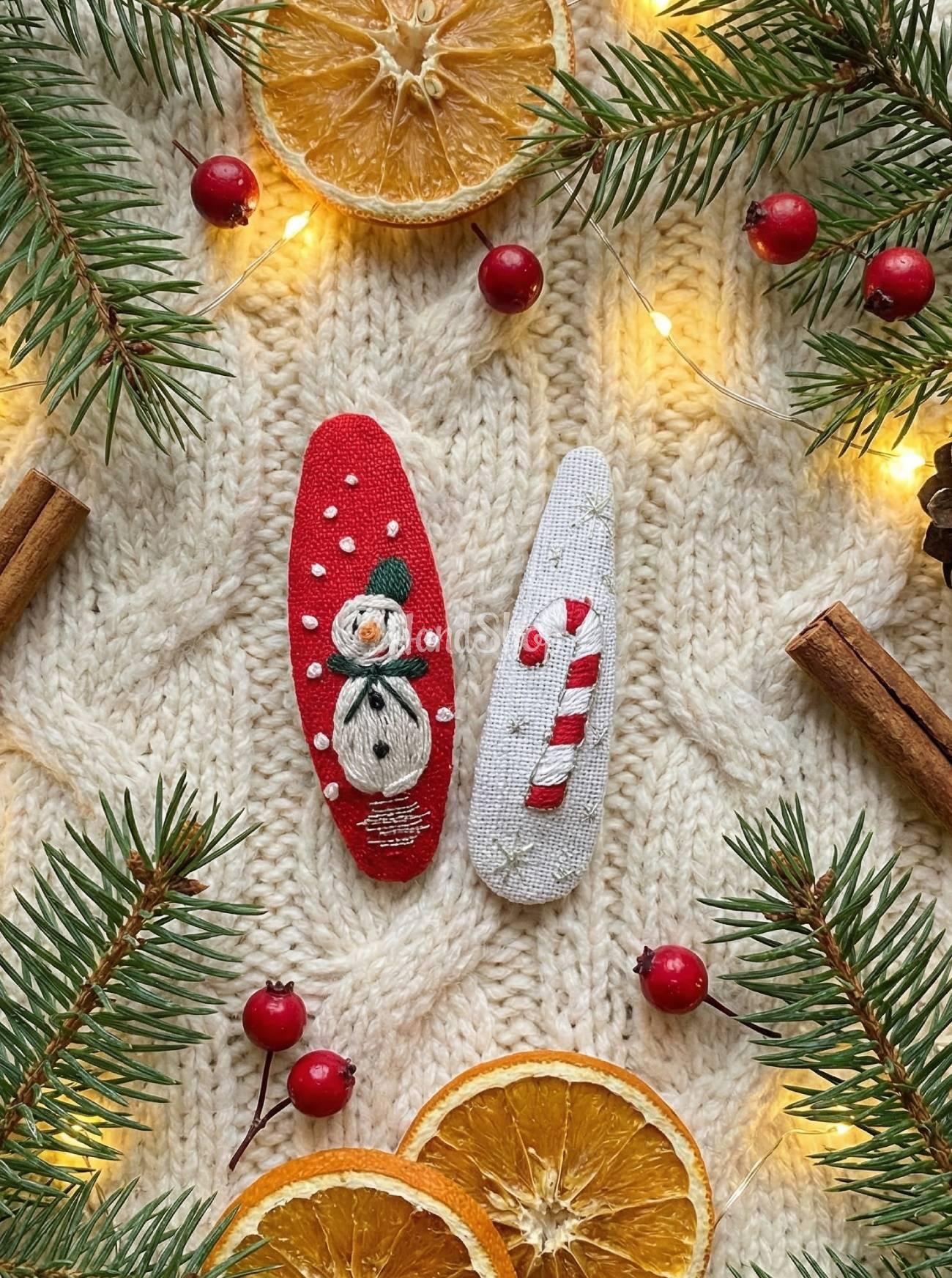 Різдвяні заколки сніговик льодяник, ручна вишивка 2 шт! Різдвяні заколки сніговик льодяник, ручна вишивка 2 шт!