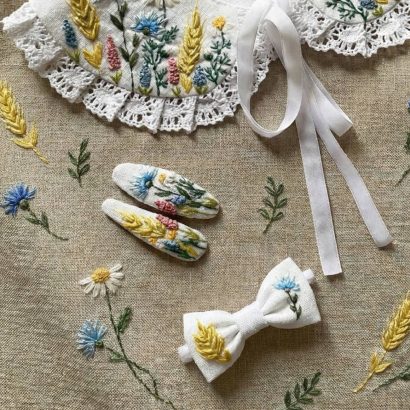 Заколки пара квіти ромашки, бузок, колоски вишивка, 2 шт