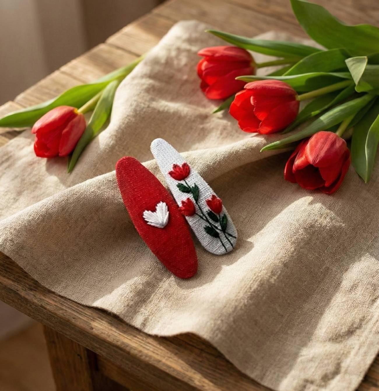 Ніжний подарунок до свята весни: дитяча пара заколочок з вишивкою червоні тюльпани, що розквітає у волоссі