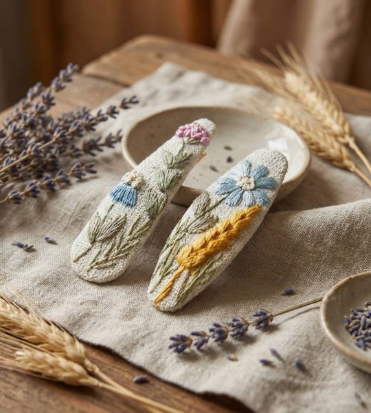 Дитячі заколки пара польові квіти, колоски ручна вишивка