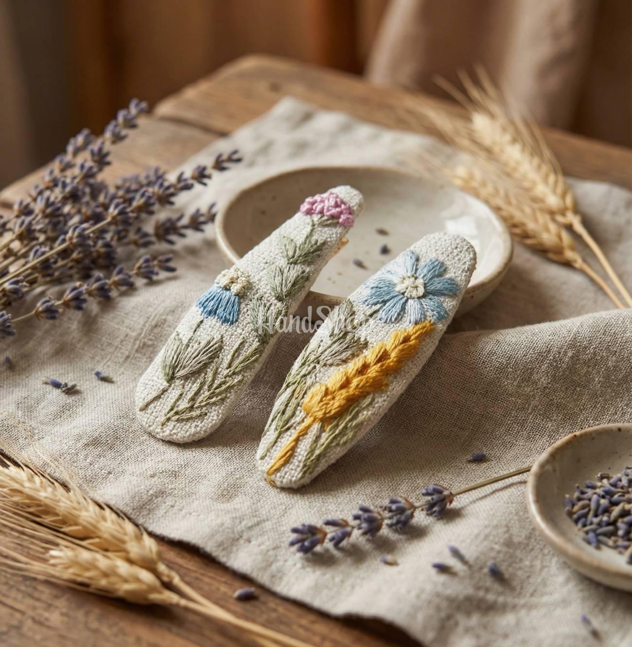 Дитячі заколки пара польові квіти, колоски ручна вишивка Дитячі заколки пара польові квіти, колоски ручна вишивка
