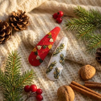 Різдвяні заколки прапорці гілочки сосни, вишивка 2 шт!