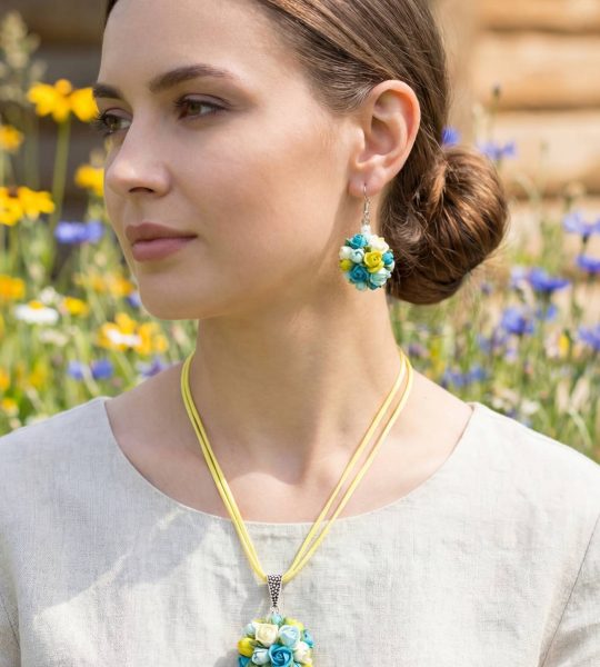 Прикраси зі глини сережки та кулон трояндочки Ukraine