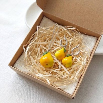 clay pear pendant and earrings