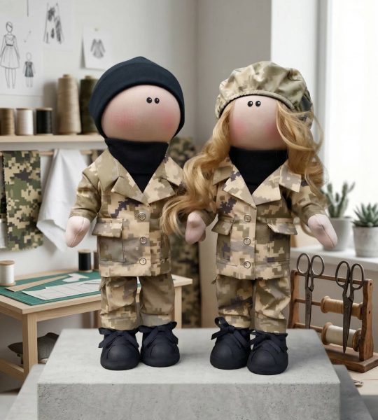 Текстильні ляльки ручної роботи пара молодят військові