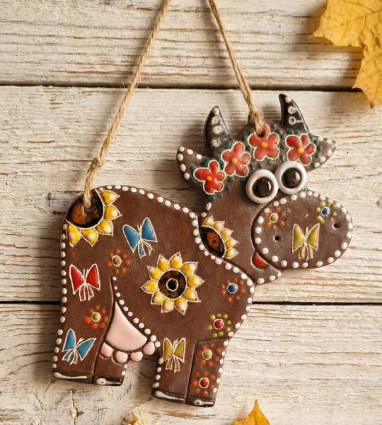 Декоративна керамічна настінна дитяча підвіска панно корівка