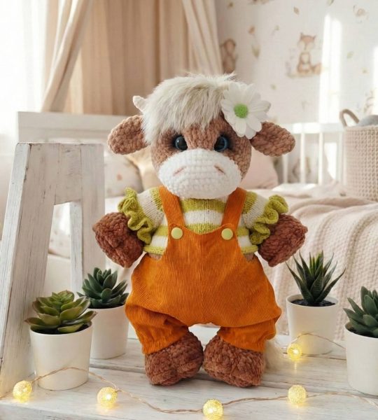 Сувенірна авторська в’язана м’яка дитяча іграшка корівка