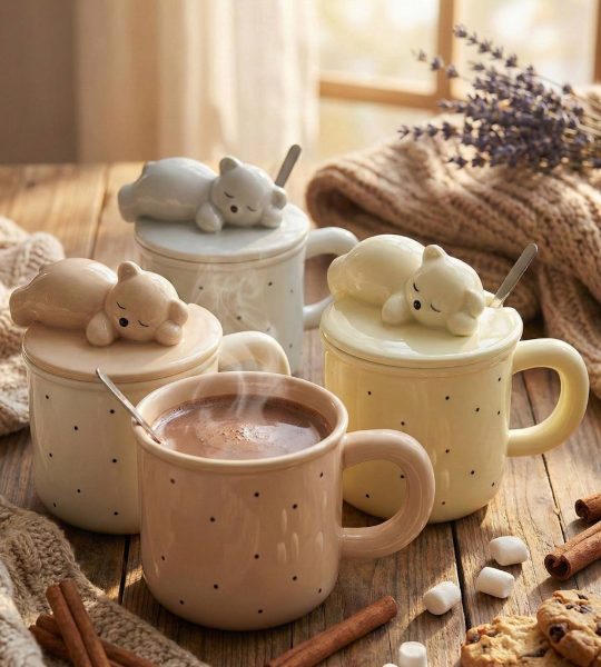 Чашка керамічна з кришкою та ложкою ведмежа (на вибір!)