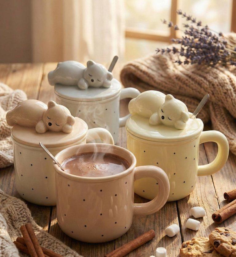 Чашка керамическая с крышкой и ложкой мишка (на выбор!) — фото 2