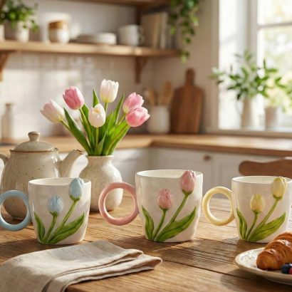 Жіноча чашка біла керамічна з квітами тюльпани (на вибір!)
