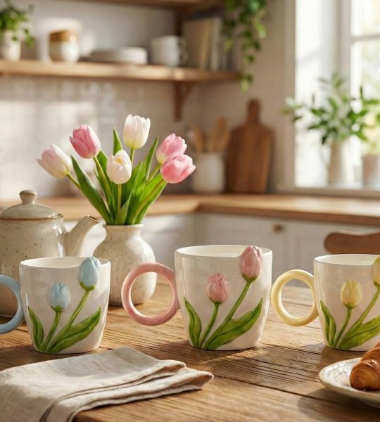 Жіноча чашка біла керамічна з квітами тюльпани (на вибір!)