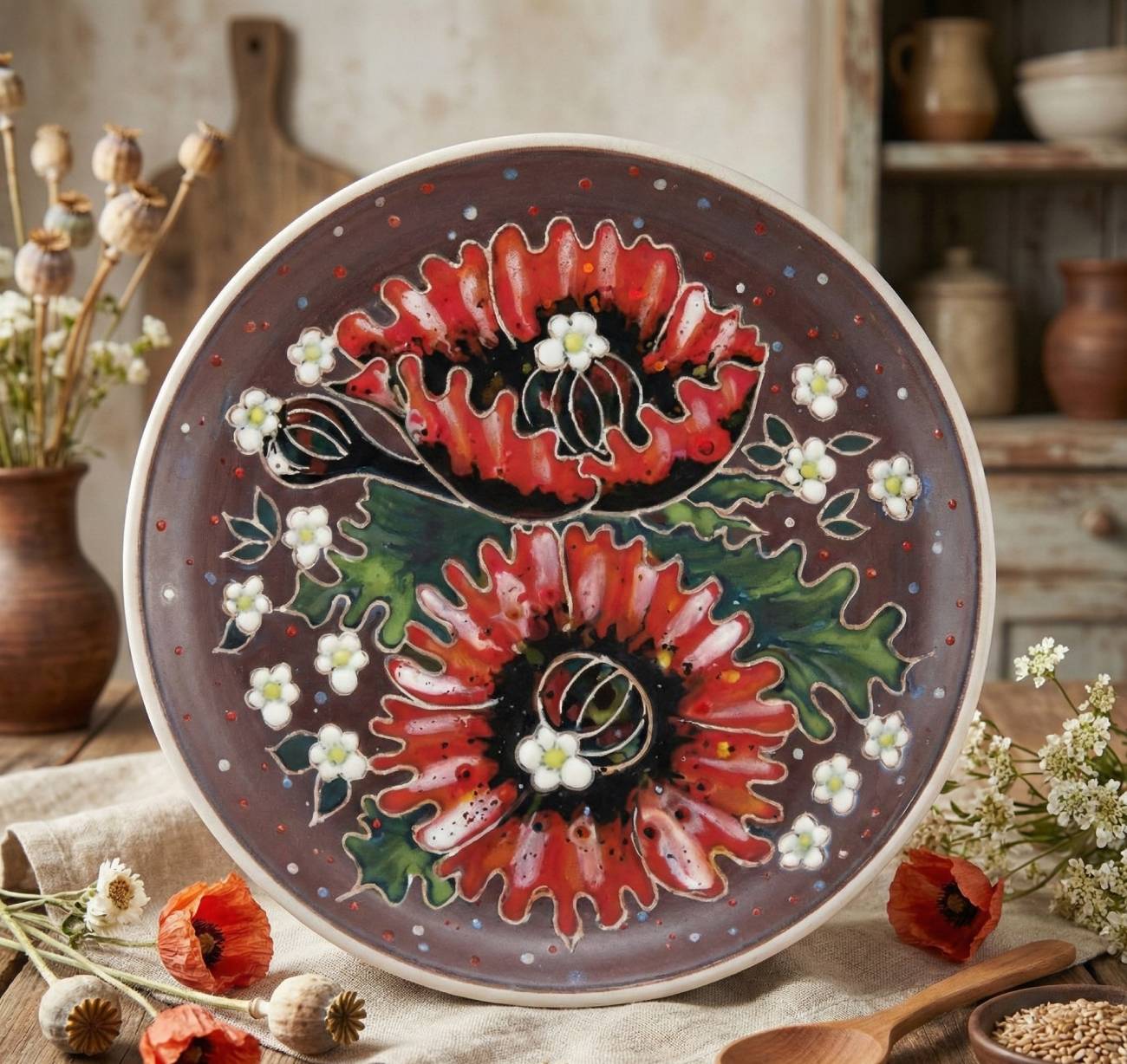 Коли стіна розповідає історію: авторська декоративна керамічна тарілка з червоними маками ручного розпису