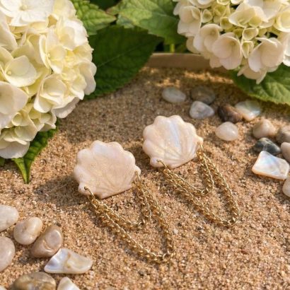 Авторські жіночі літні морські сережки мушля з ланцюжком