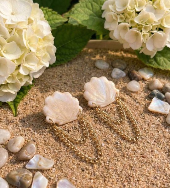 Авторські жіночі літні морські сережки мушля з ланцюжком