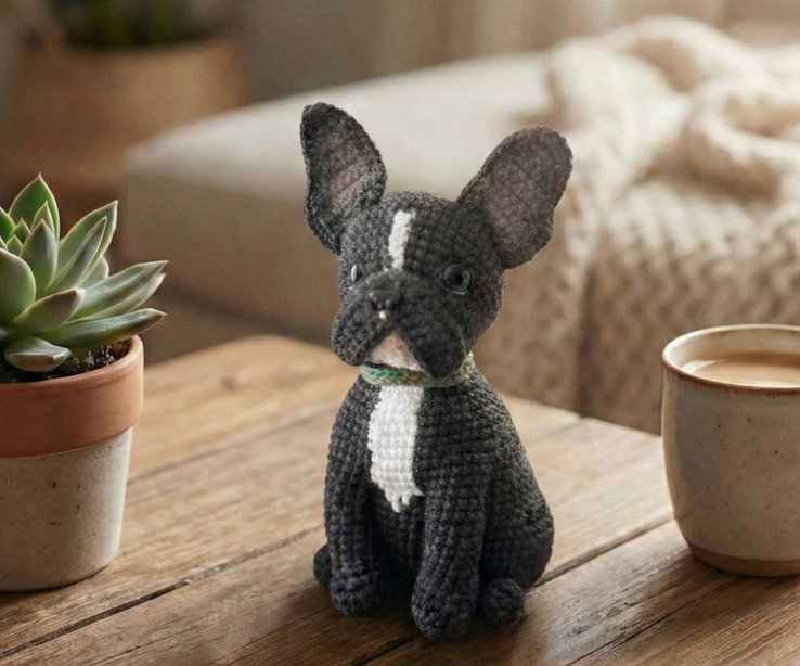 Мініатюрний чорний французький бульдог - авторська в’язана іграшка гачком для колекціонерів і не тільки