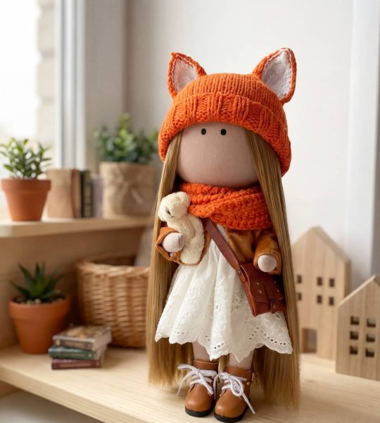 Ігрова текстильна сувенірна лялька руда лисичка в шапочці