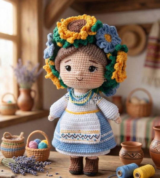 Сувенірна в’язана лялька україночка віночок квіти соняхи
