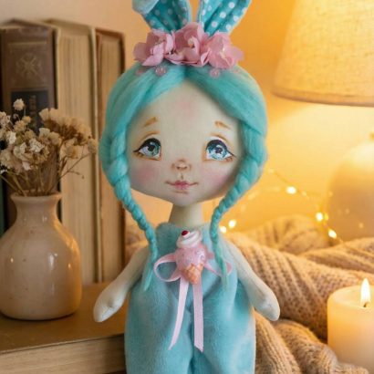 Лялька зайка з бірюзовим волоссям у плюш комбінезоні