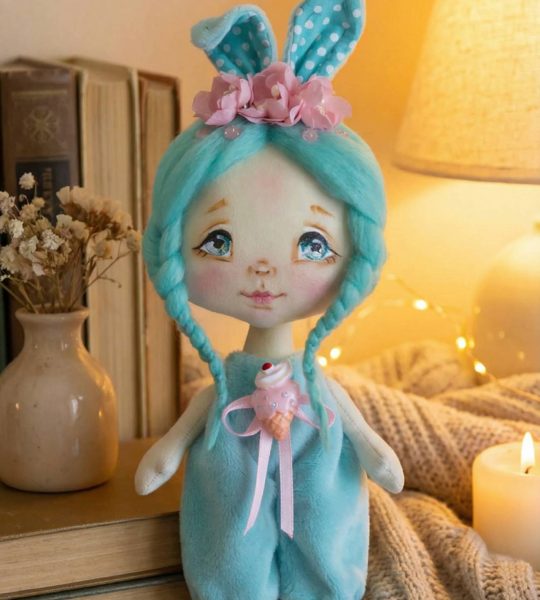 Лялька зайка з бірюзовим волоссям у плюш комбінезоні