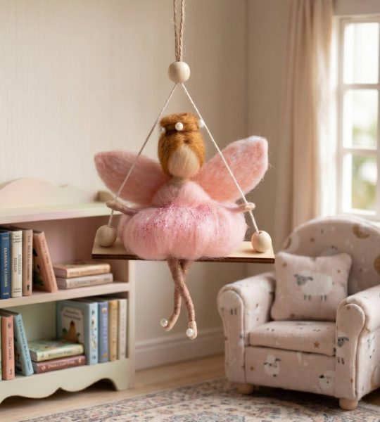 Лялька руда ангел в рожевій сукні на дерев’яній качелі