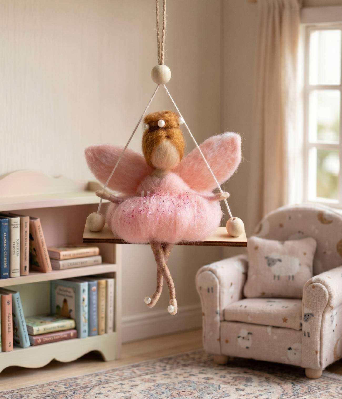 Лялька руда ангел в рожевій сукні на дерев’яній качелі Лялька руда ангел в рожевій сукні на дерев’яній качелі