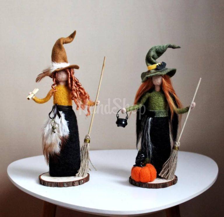 Лялька рудоволоса відьмочка з вовни на підставці Halloween сувенір — фото 3