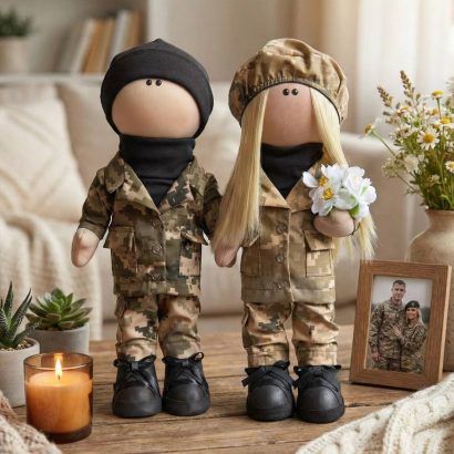 Сувенірні ляльки пара молодят у військові мілітарі формі