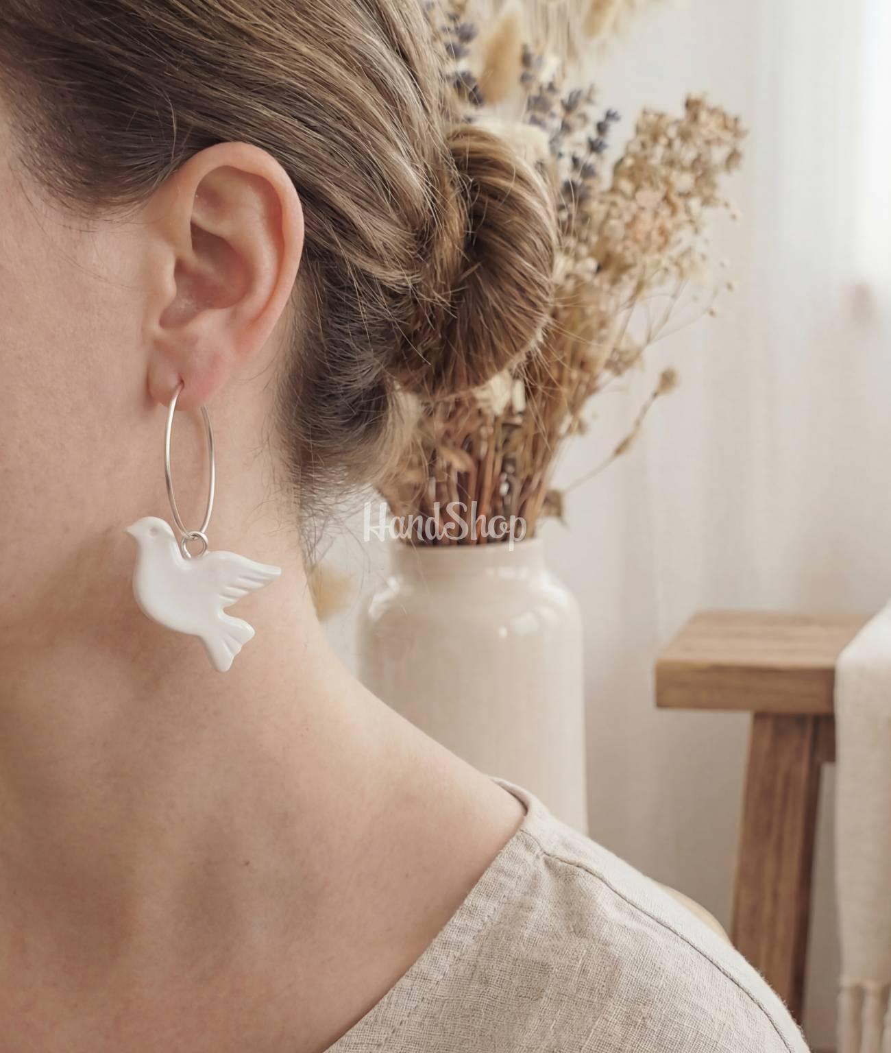 Сережки пташки білі горлиці кільця полімерна глина Сережки пташки білі горлиці кільця полімерна глина