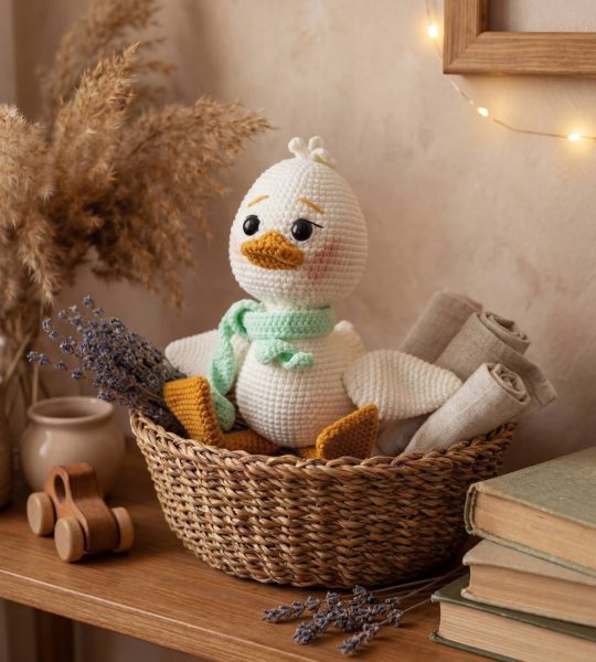 В'язана іграшка біле маленьке каченятко з шаликом