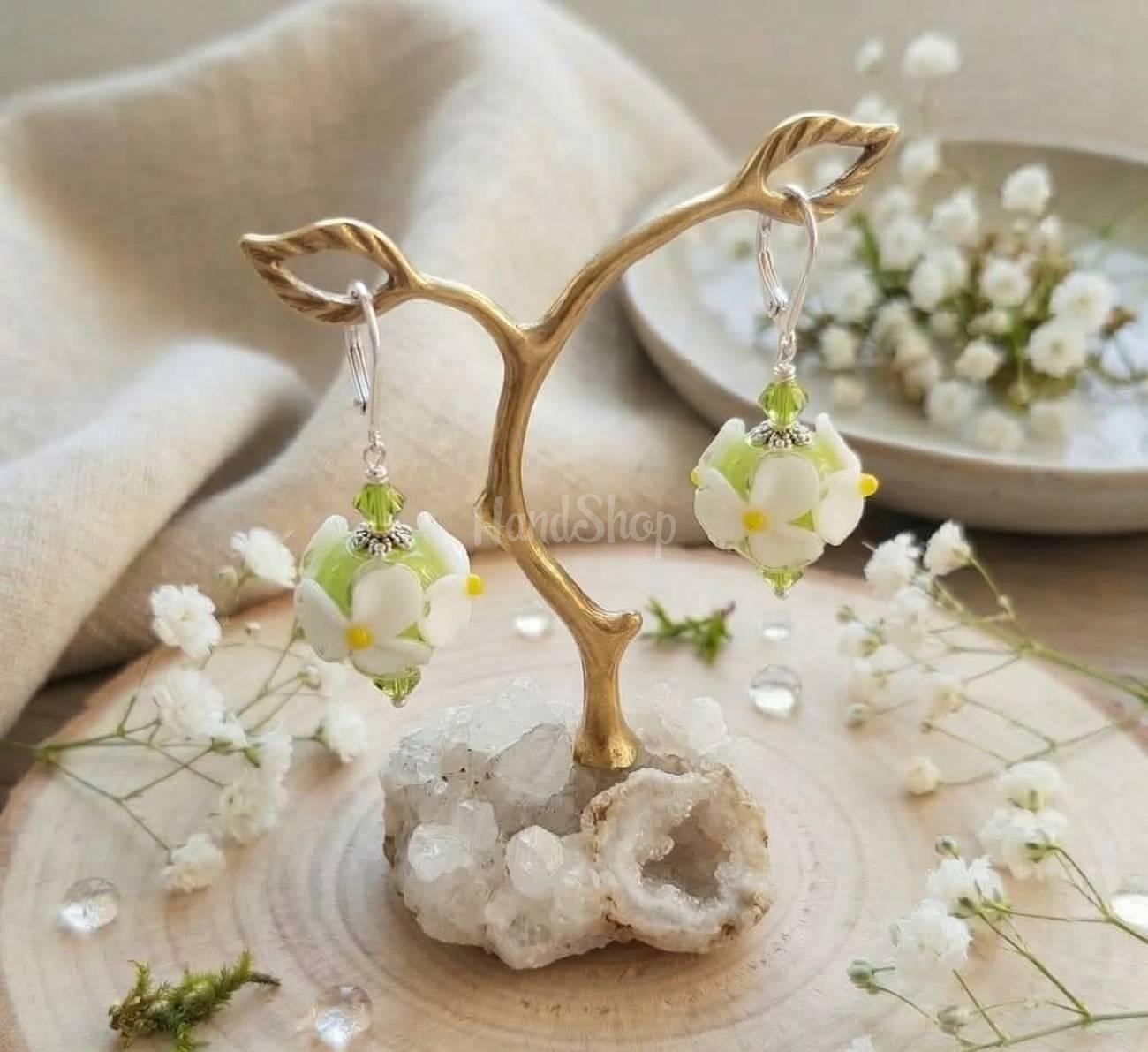 Жіночі сережки квіти ромашки намистини lampwork скло Жіночі сережки квіти ромашки намистини lampwork скло