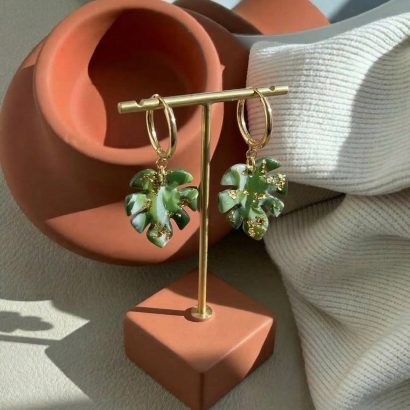 Жіночі сережки полімерна глина зелене листя монстера