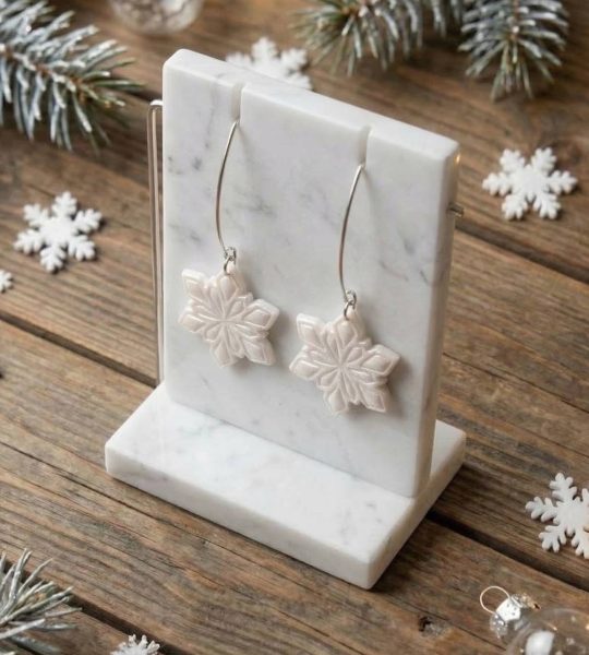 Жіночі святкові зимові сережки білі сніжинки полімерна глина