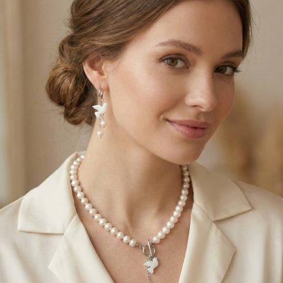 Намисто кольє та сережки білі голубки глина, річкові перли