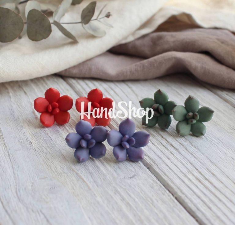 Сережки из глины гвоздики суккуленты цветы — фото 1