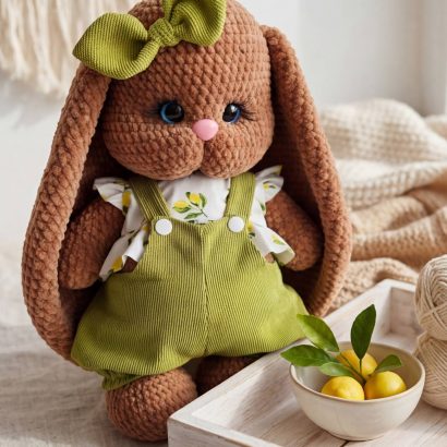 Дитяча іграшка велика зайка з бантиком в комбінезоні Великдень