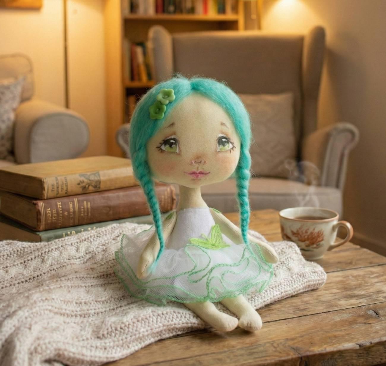 Маленька текстильна лялька сувенірна з бірюзовим волоссям Маленька текстильна лялька сувенірна з бірюзовим волоссям