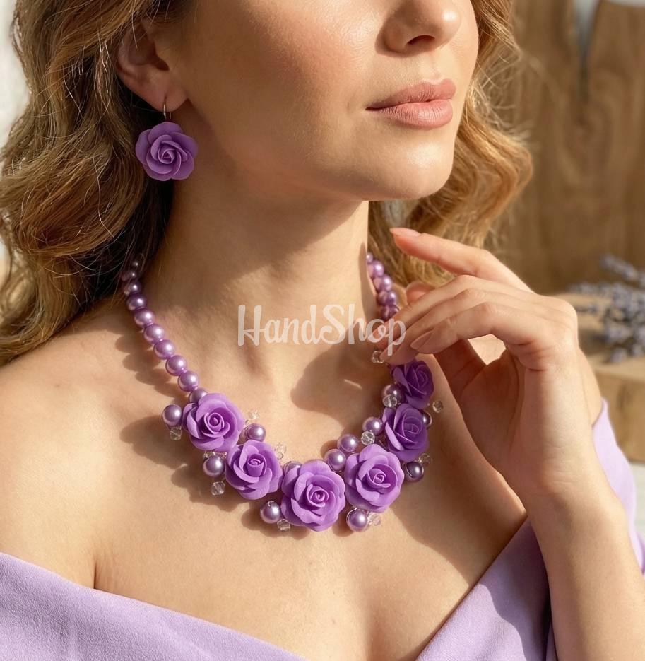 Комплект колье та сережки лілові троянди холодний фарфор Комплект колье та сережки лілові троянди холодний фарфор