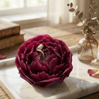 Свічка квітка бордова троянда на підставці бджолиний віск