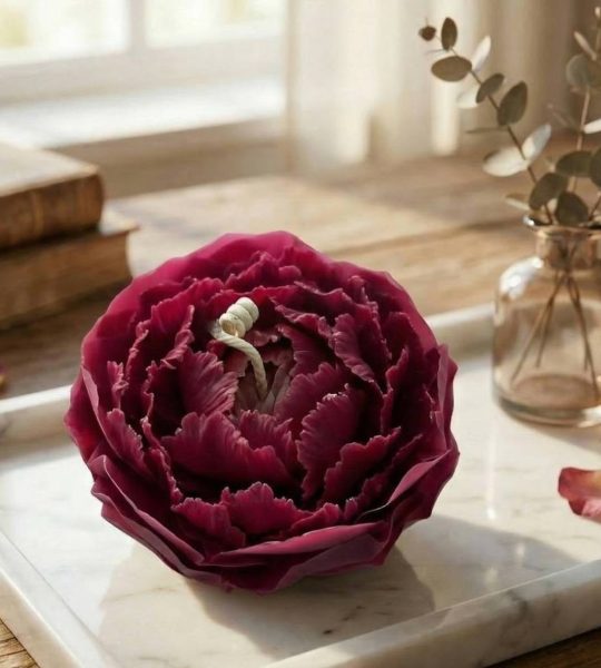 Свічка квітка бордова троянда на підставці бджолиний віск