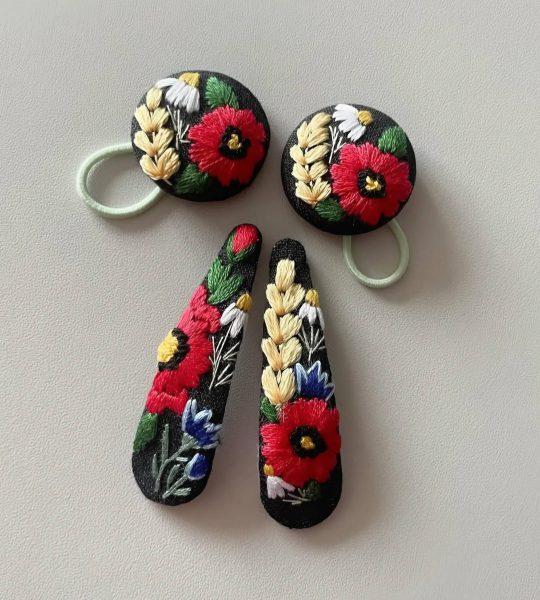 Заколки 2 шт та резинки 2 шт для волосся квіти ручна вишивка