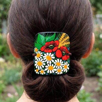 Дерев’яна резинка для волосся ручний розпис польові квіти