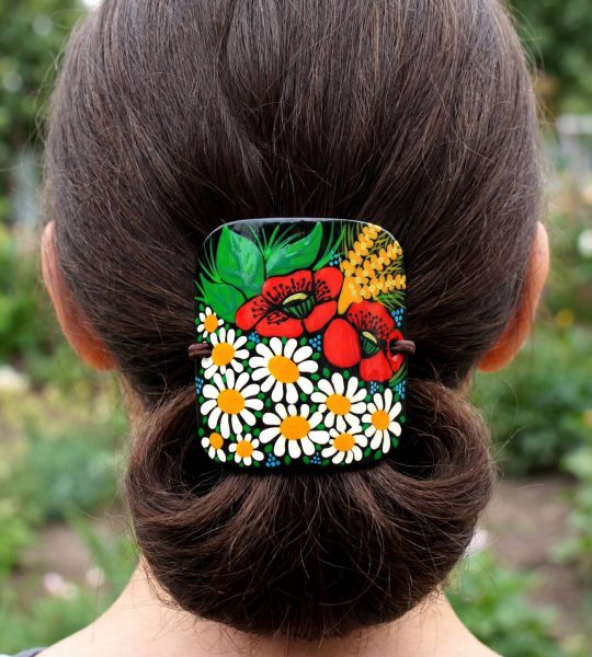 Дерев’яна резинка для волосся ручний розпис польові квіти
