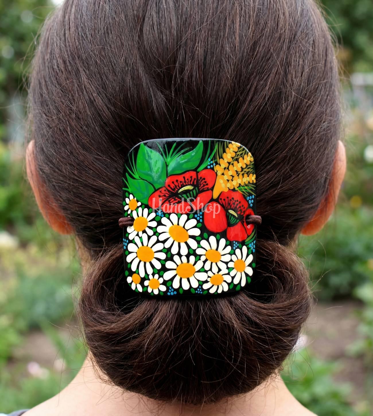 Дерев’яна резинка для волосся ручний розпис польові квіти Дерев’яна резинка для волосся ручний розпис польові квіти