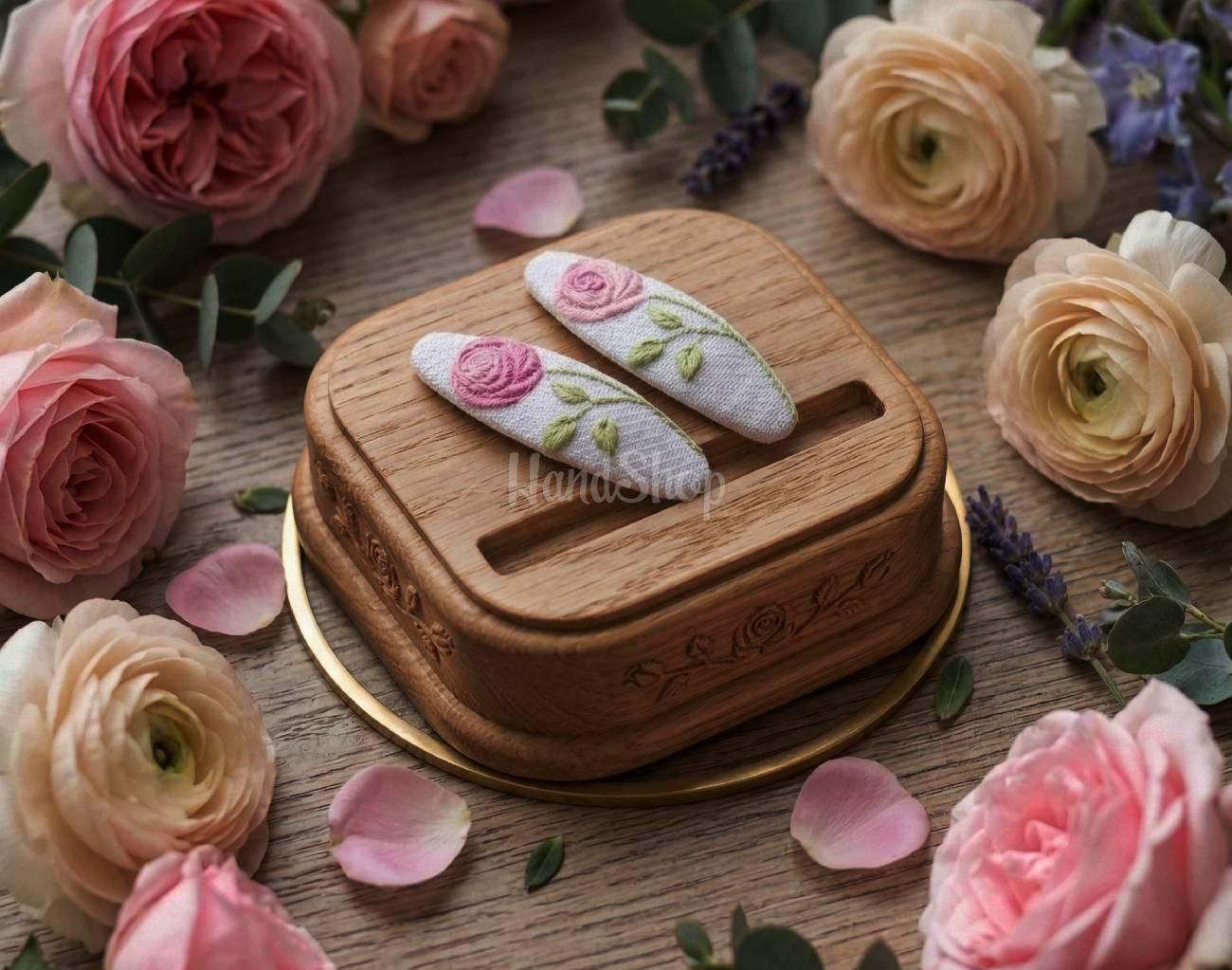 Дитячі заколки для волосся вишивка ніжно рожеві троянди Дитячі заколки для волосся вишивка ніжно рожеві троянди