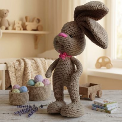 Зайчик в'язаний м'яка іграшка з довгими вушками коричневий