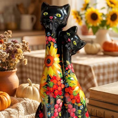 Сувенірна пара чорні котики петриківський розпис кераміка